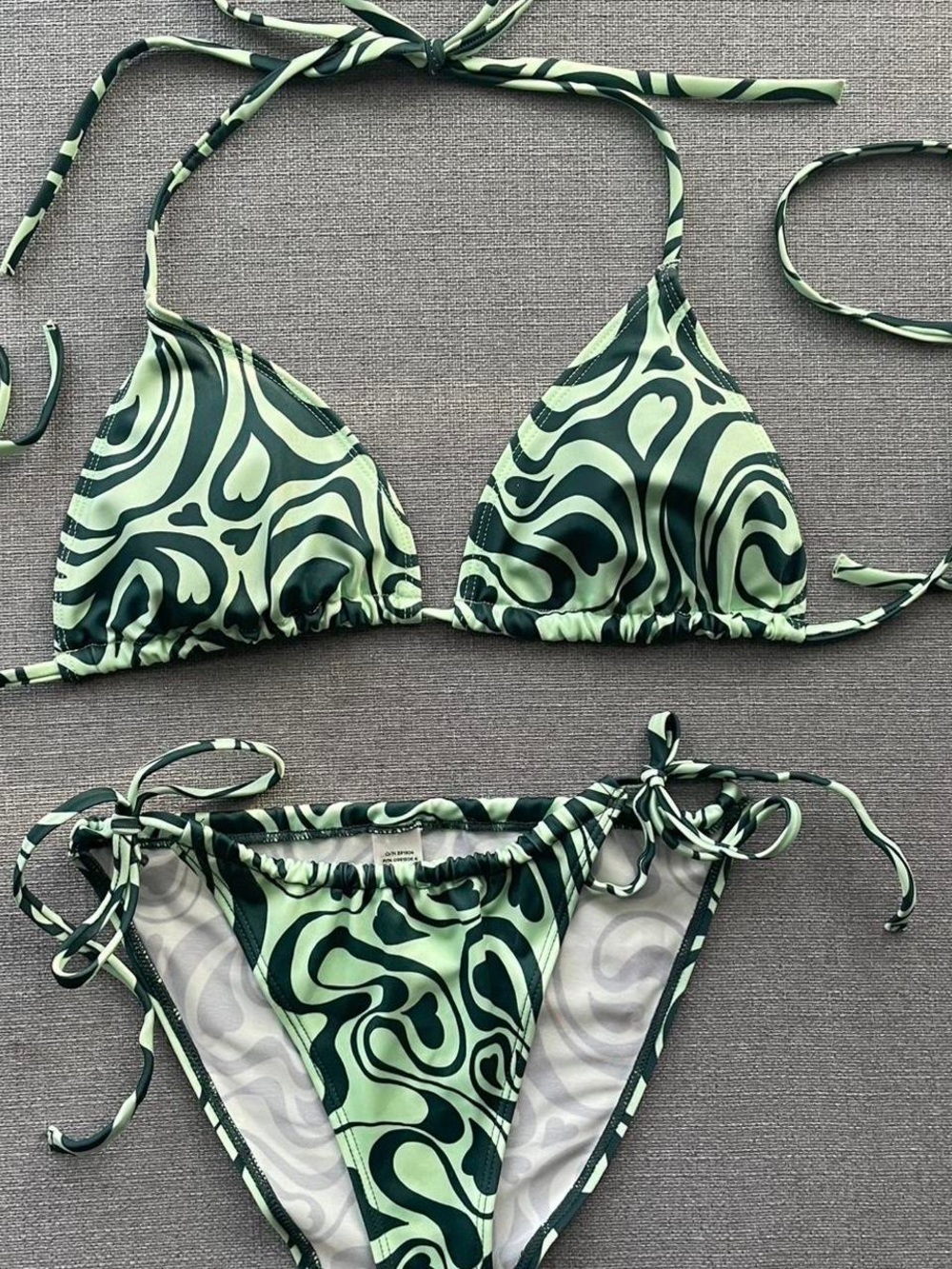 Neon Green & Black Swirl Tie Bikini TOP LARGE BOTTOM SMALL
